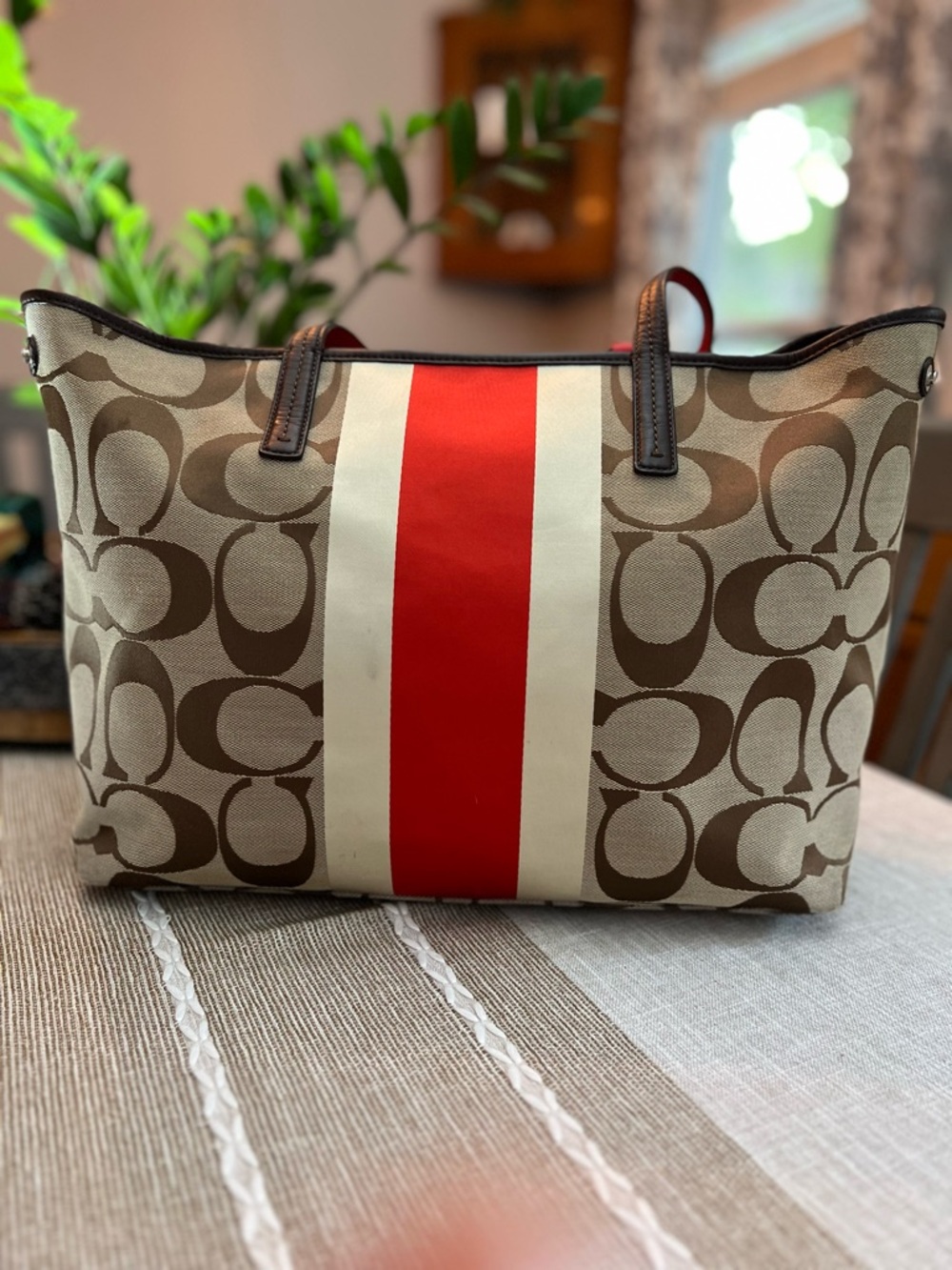 Coach Brown Signature Canvas Tote with Red and White Center Stripe - Picture 2 of 14